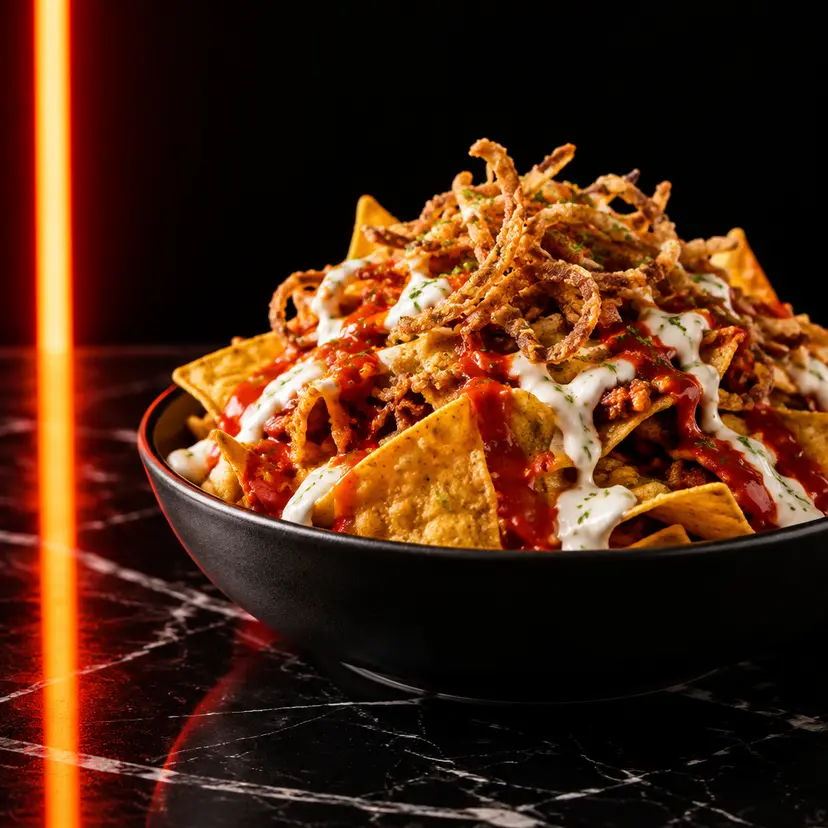 Crunchy Nachos con salsa piccante, cipolla croccante e salsa yogurt