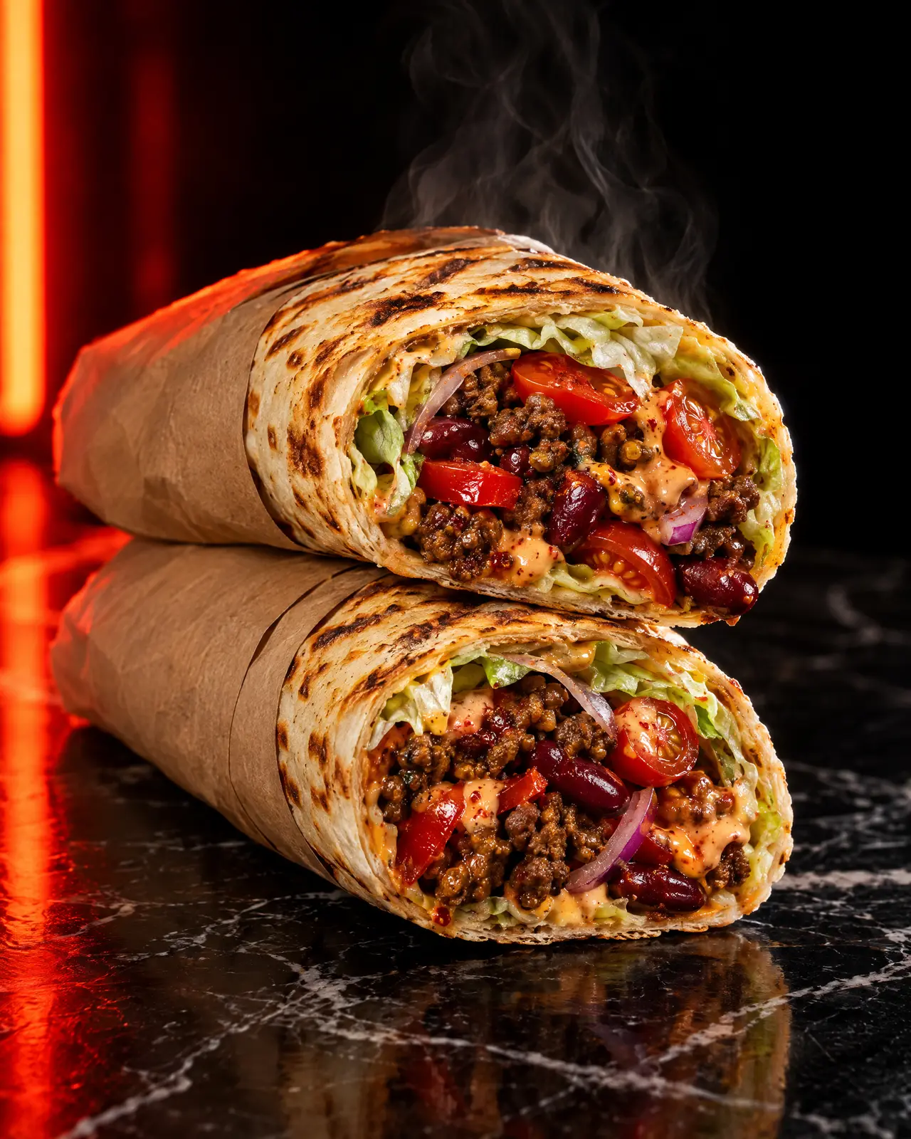 Burrito Manzo tagliato a metà con carne, fagioli e pomodorini