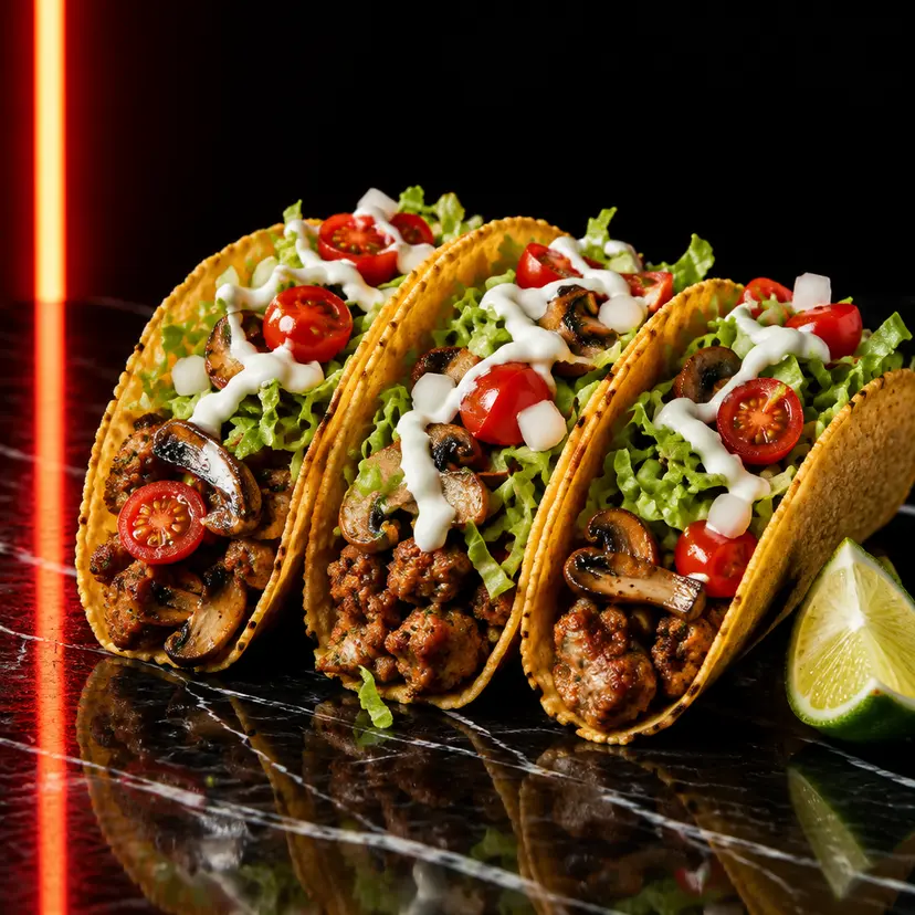 Tacos Salsiccia con funghi, lattuga, pomodorini e yogurt acido