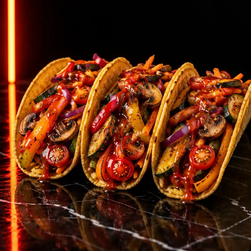 Tacos vegetariani con peperoni, zucchine, funghi e salsa chili